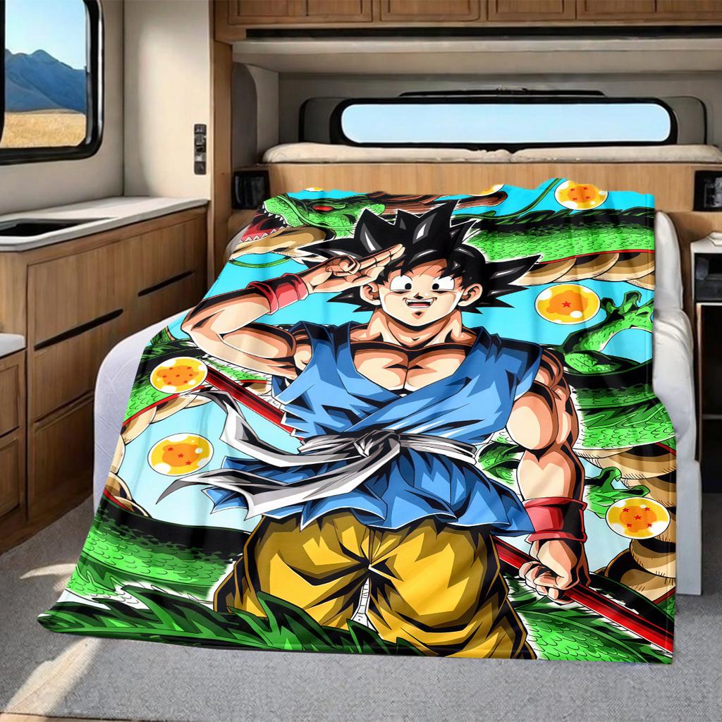 1 ks flanelová deka s potiskem Son Goku, Vysoce kvalitní pro všechna roční období, Domácí dekorace, Teplo a pohodlí, Perfektní jako vánoční dárky