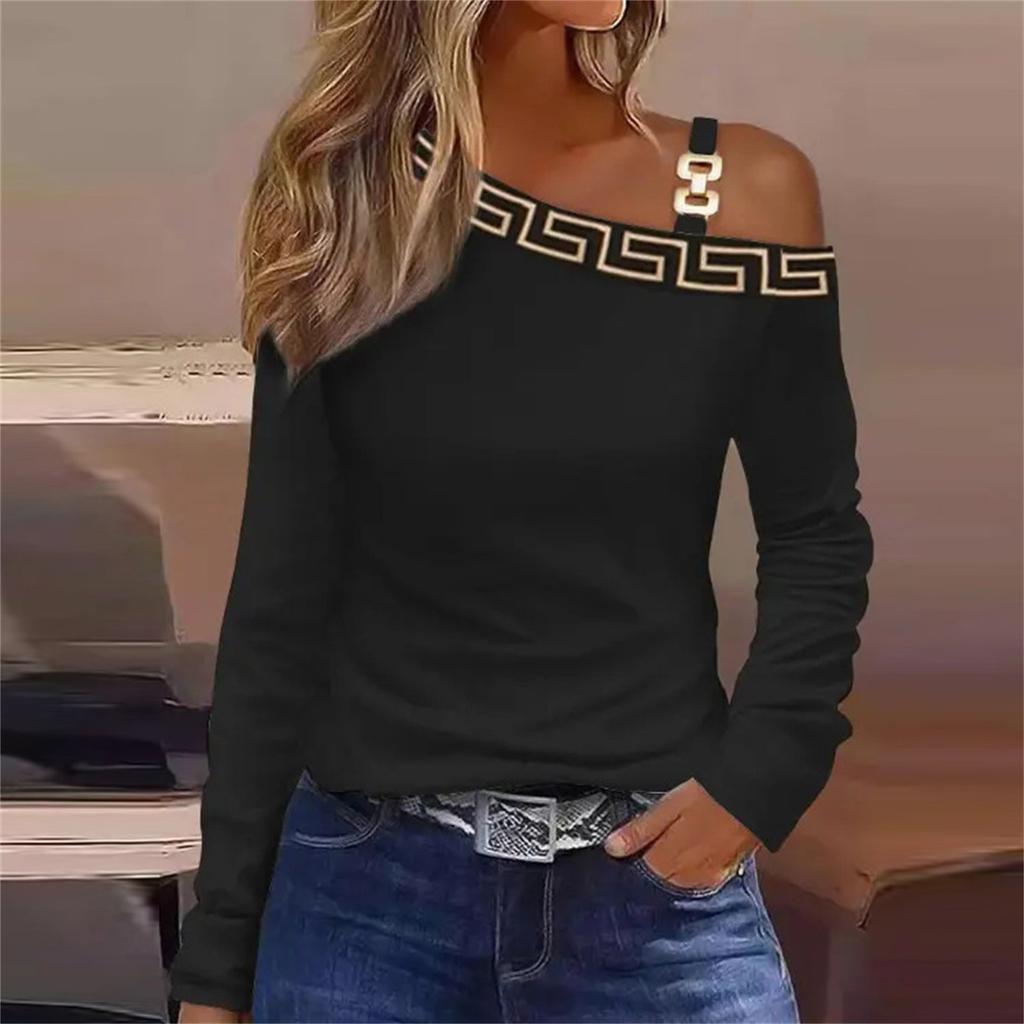 Minimally Metal Buckle Sloping Shoulder Collar Top Shirt Women's Clothing