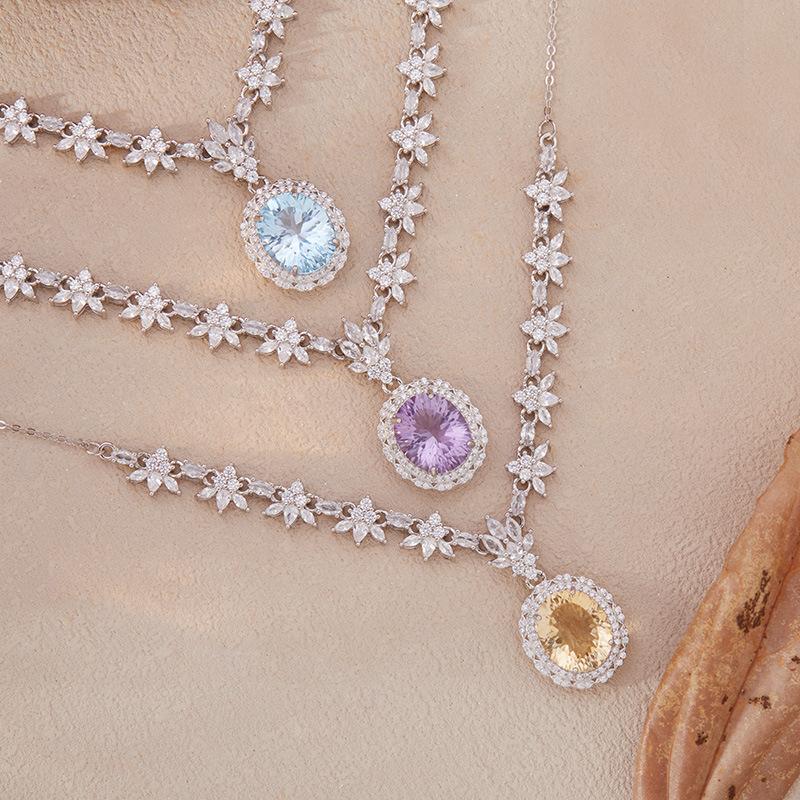 Natural Topaz Citrine Amethyst Pendant Necklace Women'S S925 Sterling Silver Colored Treasure Set Chain Jewelry