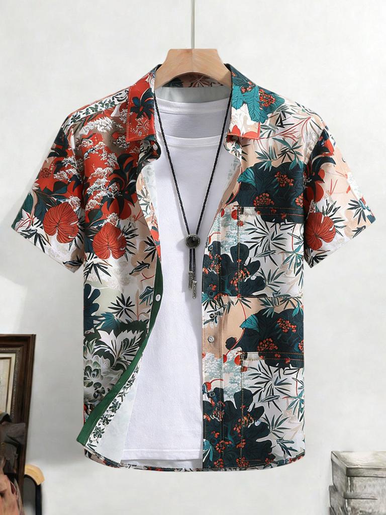 Herren Einfaches Freizeit-Kurzarmhemd Buntes Pflanzen-High-Definition-Druckhemd Atmungsaktives Hawaiianisches Outdoor-Herrenbekleidung