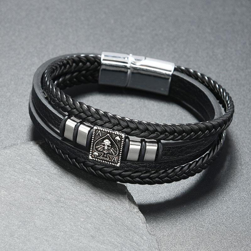 

Multi-Layer Braided Leather Bangle Skull Ace of Spades Alloy Decor Vintage Gothic Hand New Design Men s Punk Bracelet 21cm чорний