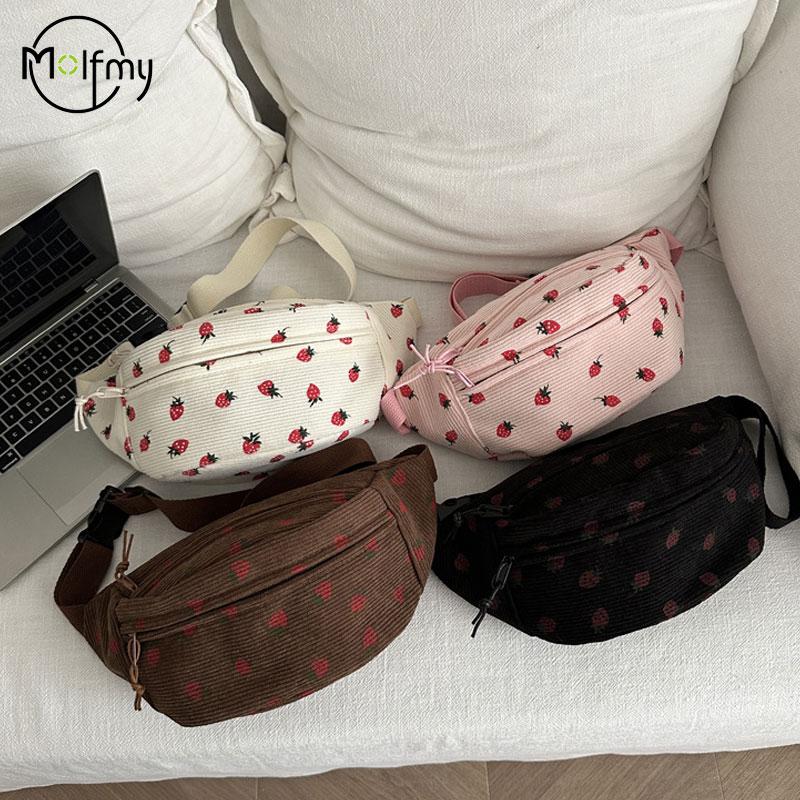 Waist Bag Women Men Corduroy Fanny Pack Strawberries Pocket Fashi Chest Handbag Sports Travel Purse Plaid WaistPack Belly Bags