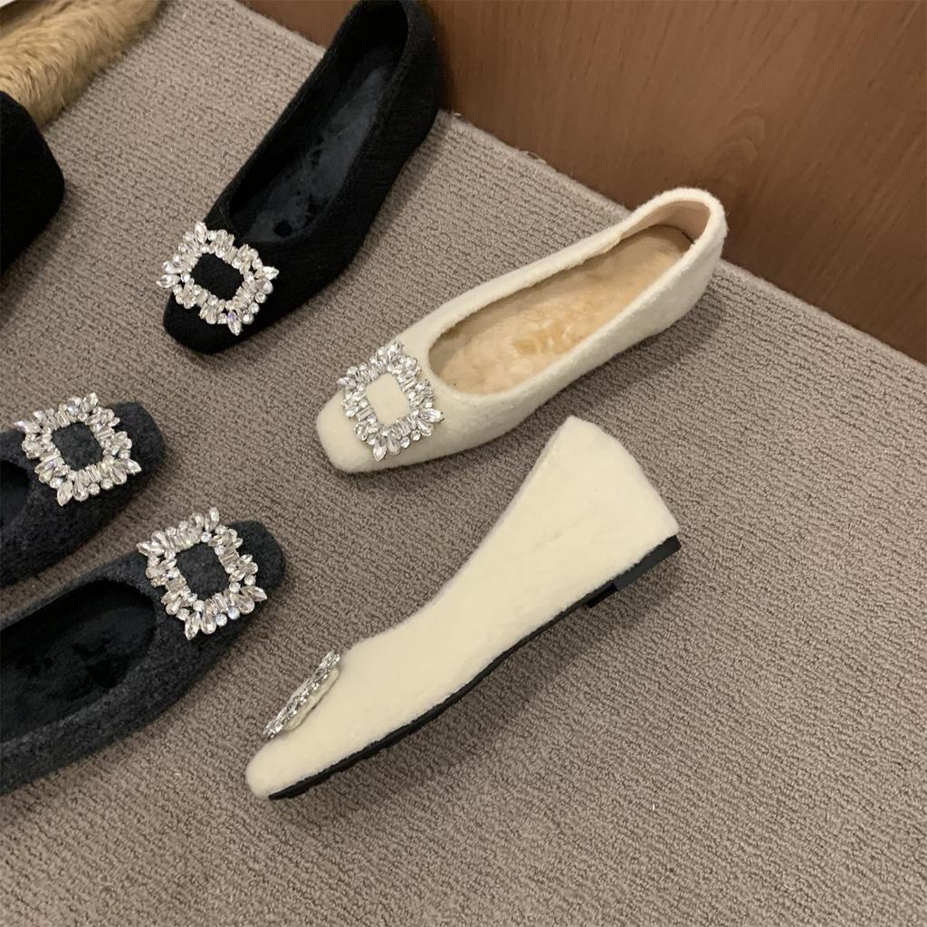 Inner heightening fluffy shoes Rhinestone buckle fleece warm Mary Jane shoes single shoes