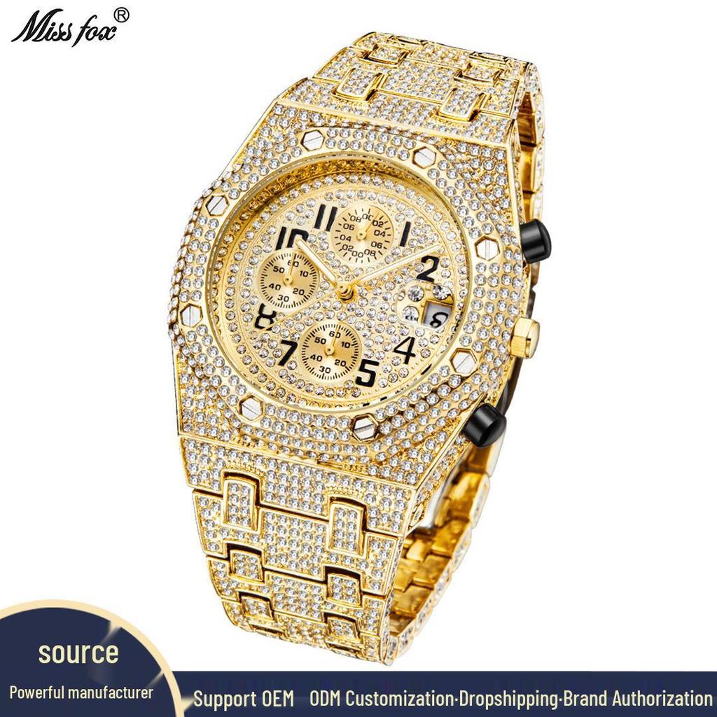 MISSFOX Men's Hip-Hop Fashion Chronograph: Full-Diamond Three-Eye Small Dial Sport Watch