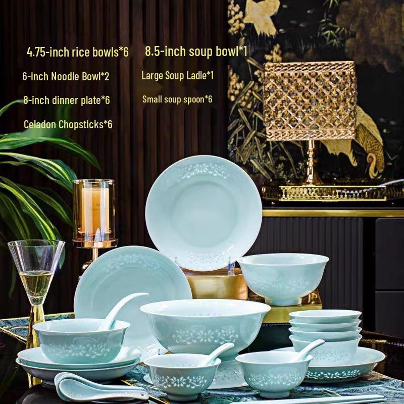 Jingdezhen Porcelain Tableware: Yingqing Linglong Underglaze Bowl & Plate Set - Easy To Clean, High-White, Gift-Ready.