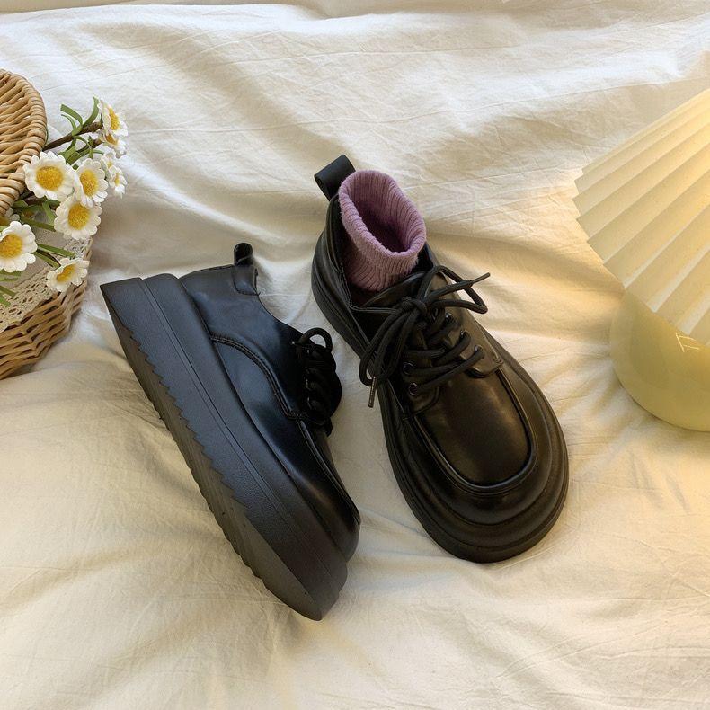 Muffin lace-up platform small leather shoes women's spring and autumn 2025 new retro British style black shoes single shoes women