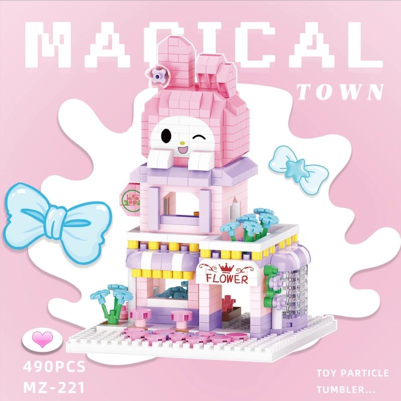 Sanrio Building Blocks Disney Kuromi My Melody Strawberry Bear Pochacco Small Pellet Street Scene Jigsaw Toy Model Gift