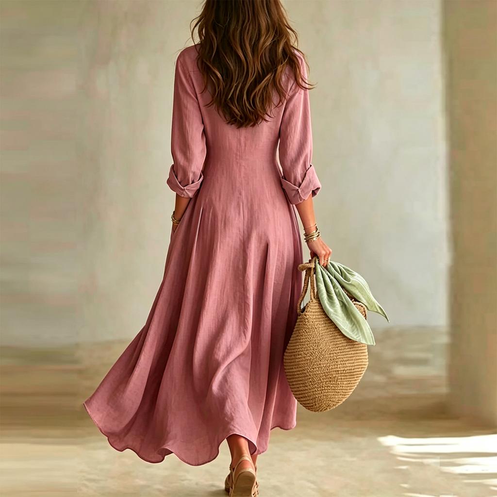 Women's Casual Vintage Shirt Dress with Long Sleeves and Button Front - Color