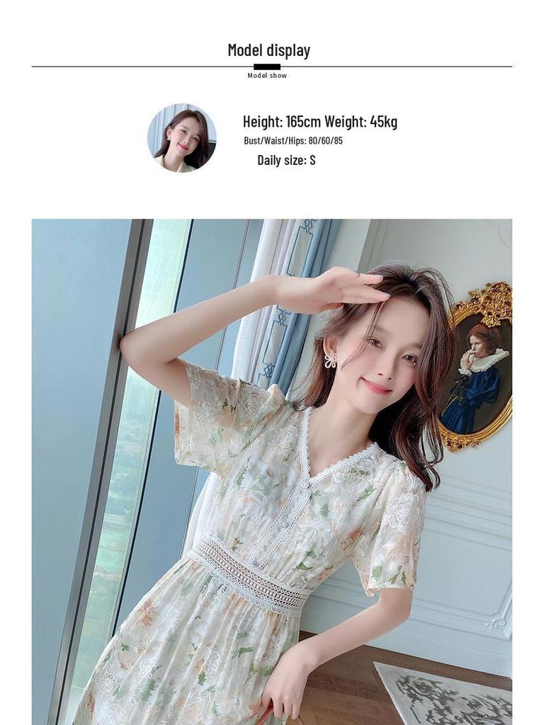 2025 New Floral Chiffon Summer Dress: Waist-Cinched, Slimming, Long Skirt Style for Vacations