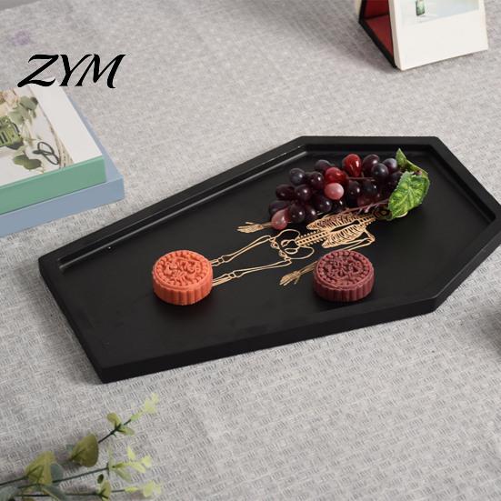 Unique Shape Dessert Plate Halloween Gothic Serving Tray with Engraved Skeleton, Wooden Charcuterie Board, Casket Decorative Catchall for Jewelry
