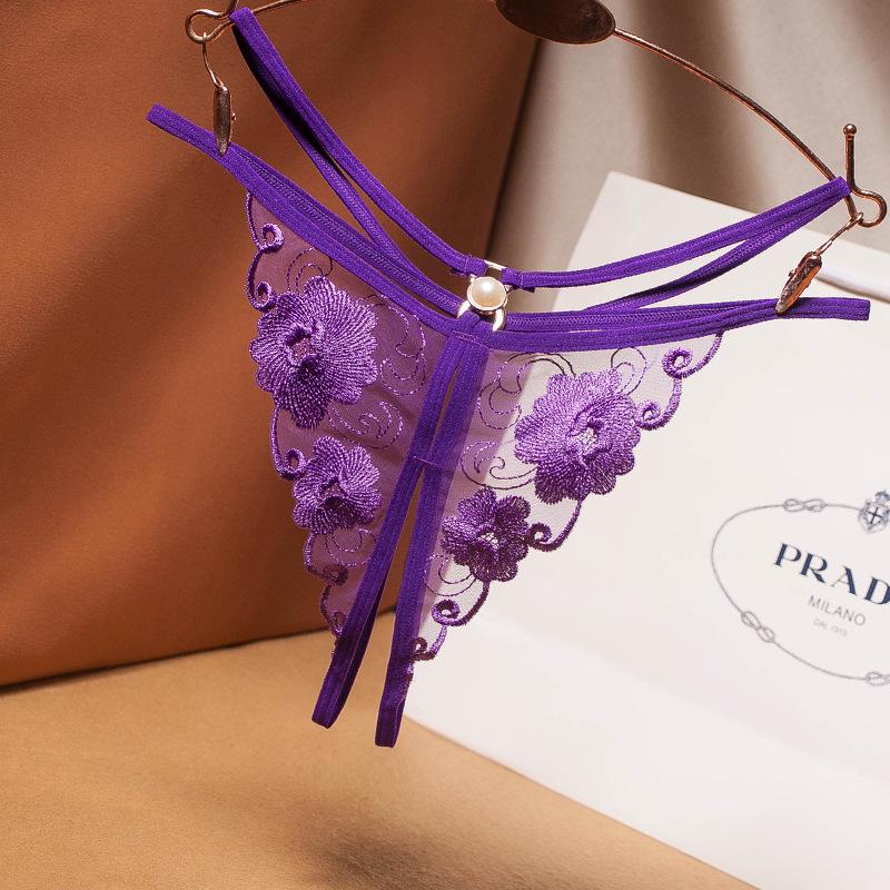 Women's Sexy Lace-Up Mesh Embroidered Thong with Pearl Detail and Open Crotch