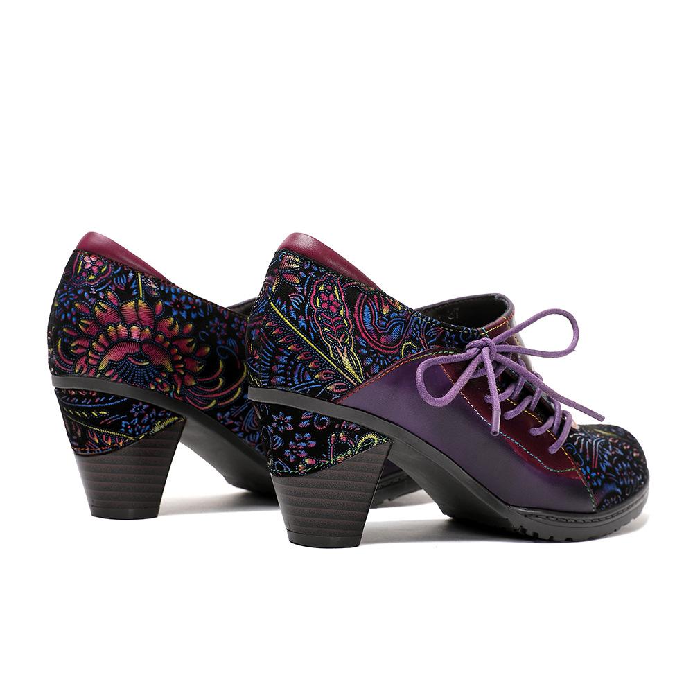 Johnature נעלי עקב גבוהות מודפסות רטרו, נעלי פאמפ מעור אמיתי, סגנון אתני, פרח, רוכסן צדדי, נעלי נשים