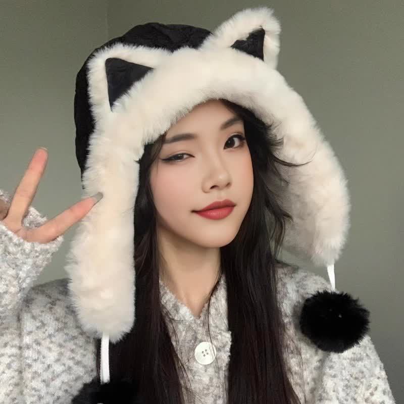 Chapeau en peluche mignon de chaton pour les femmes en hiver avec l'isolation en peluche pour garder au chaud prévenir le froid chapeau Lei Feng pour couvrir les oreilles chapeaux et casquettes coupe-vent (aux femmes)