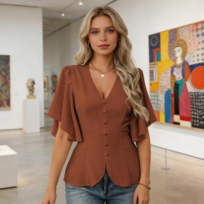 Blusas Femininas Decote V Manga Curta Fluida Camisa de Botão Único Cintura Elástica Macia Design Casual Blusa para Festa Férias Escritório Encontro