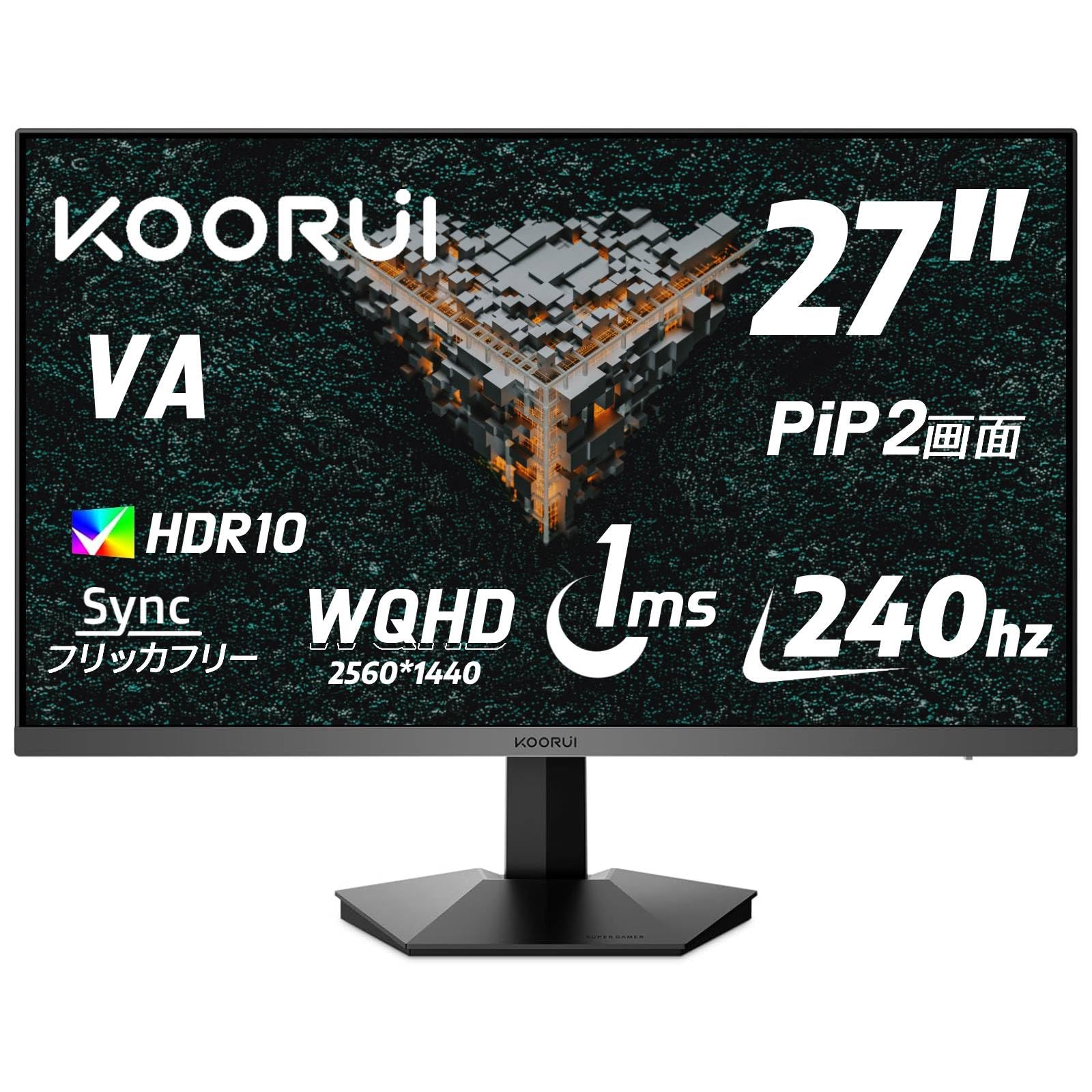 Monitor de jogos KOORUI 240Hz Monitor de PC 27 polegadas WQHD 1ms Display Monitor de jogos PIP Adaptive Sync Compatível com HDMIX2 DP VESA Eye Care GN05 G-SYN