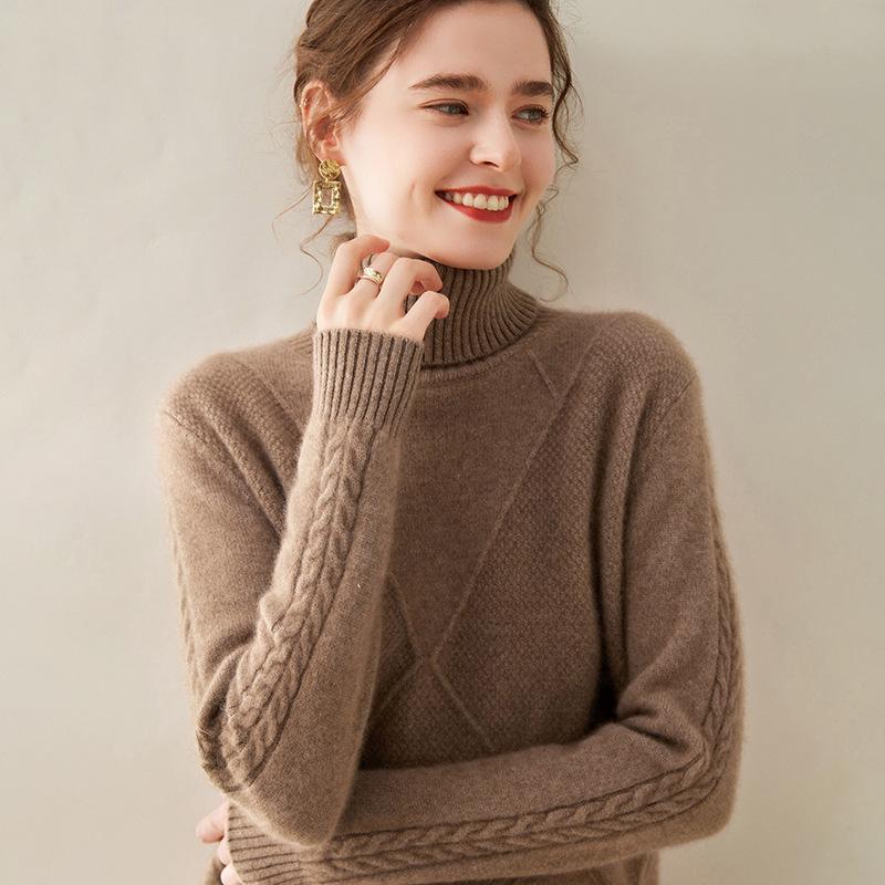 Cashmere Women's High-Neck Diamond Pattern Knit Sweater - Thickened Base Layer for Autumn/Winter Fashion