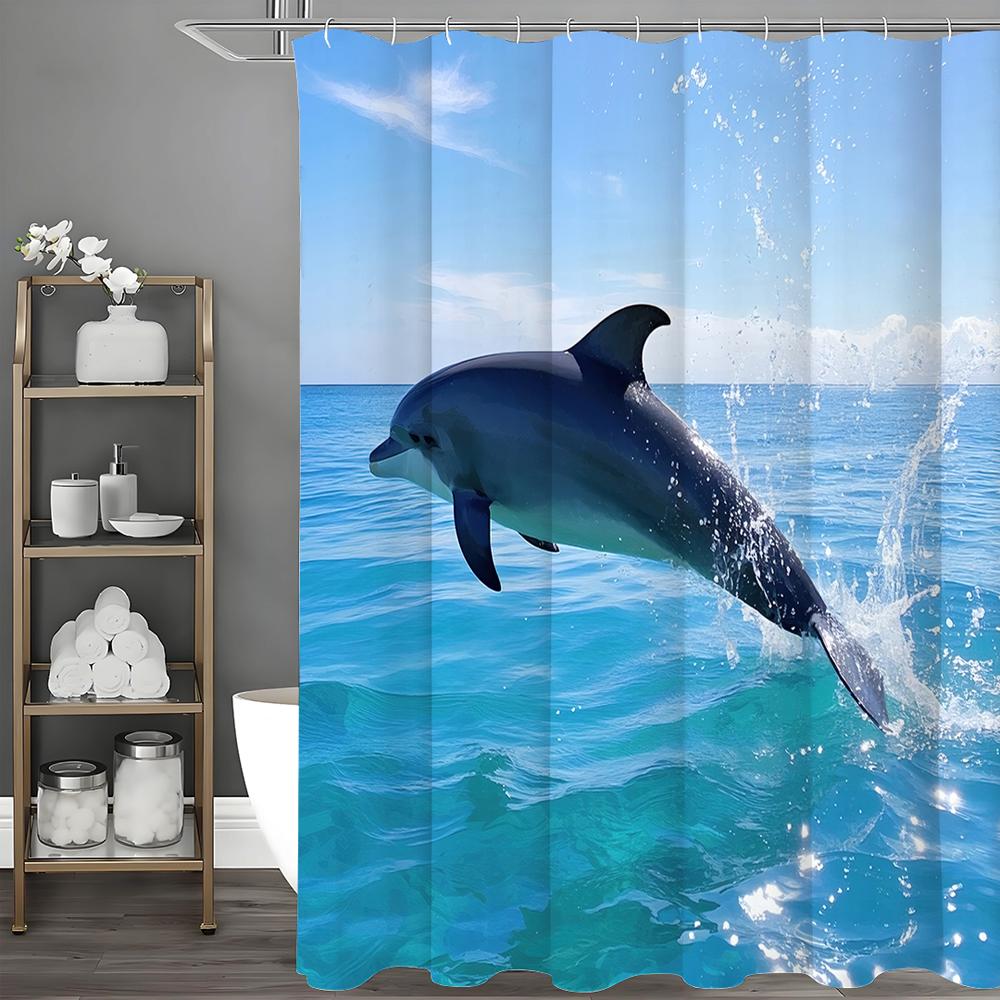 Ocean Dolphin Leaping Out of the Sea Shower Curtain, Bathroom Decorative Shower Curtain, Waterproof Shower Curtain with Hooks