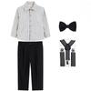 Toddler Boys Suspenders Pants Set Striped Button Down Shirt and Bow Tie Kids Formal Party Outfit Cute Wedding Guest Costume for 1-12Y