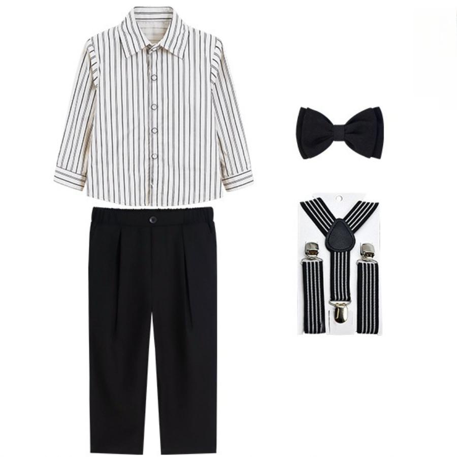 Toddler Boys Suspenders Pants Set Striped Button Down Shirt and Bow Tie Kids Formal Party Outfit Cute Wedding Guest Costume for 1-12Y