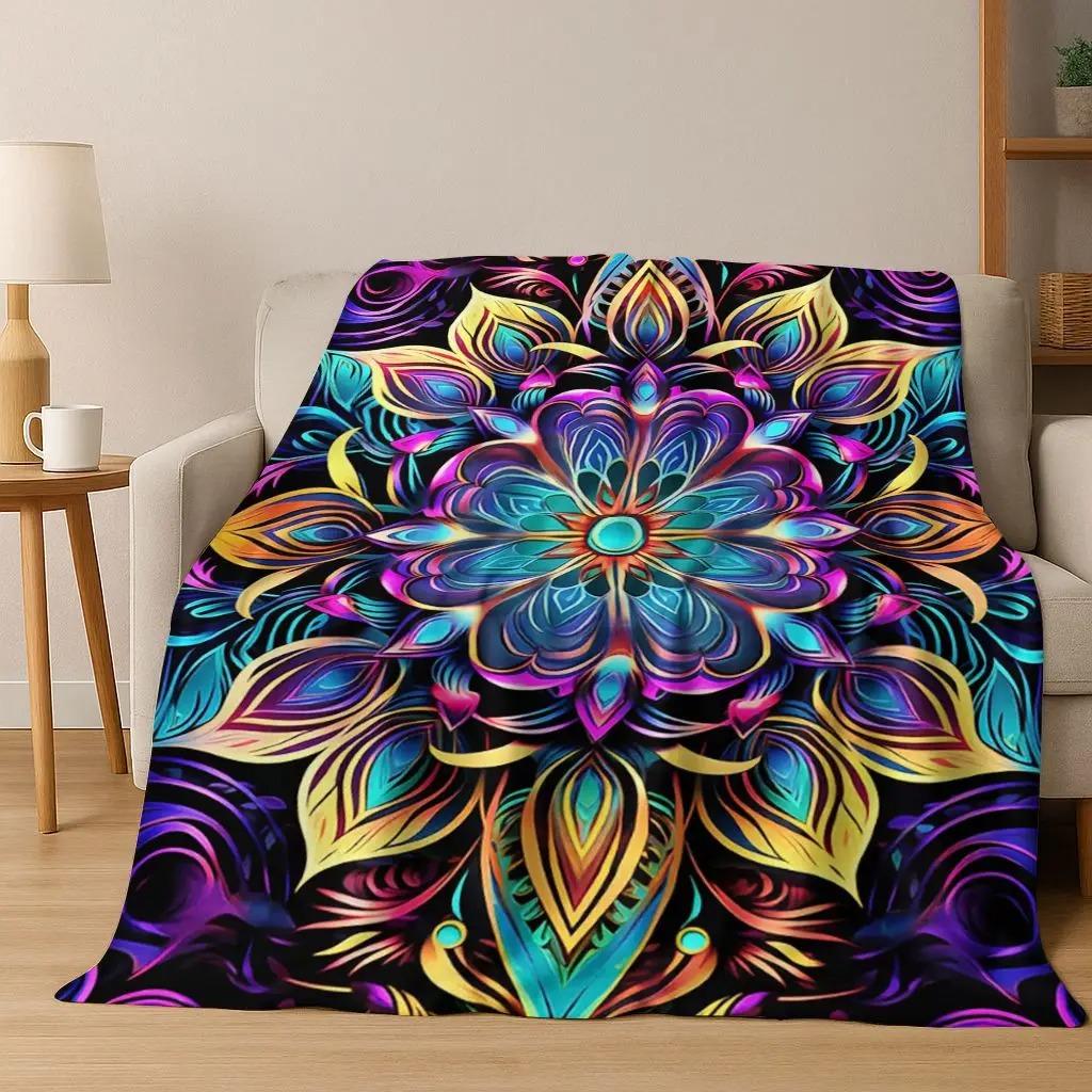 Rainbow Mandala Flower Chakras Yoga Bohemia Art Flannel Blanket,Cozy Soft Throw Blanket for Home Bedroom Bed Sofa Cover Gift