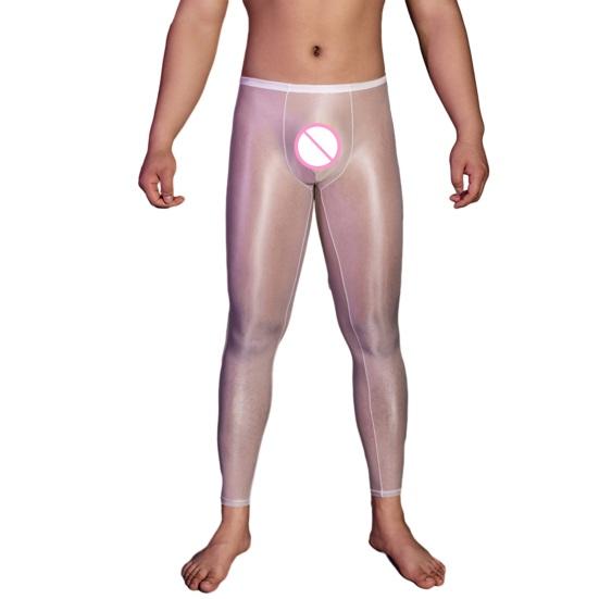 Pánské sexy dlouhé kalhoty průhledné olejově lesklé ultratenké strečové legíny lesklé ledové Silky Comfort úzké kalhoty