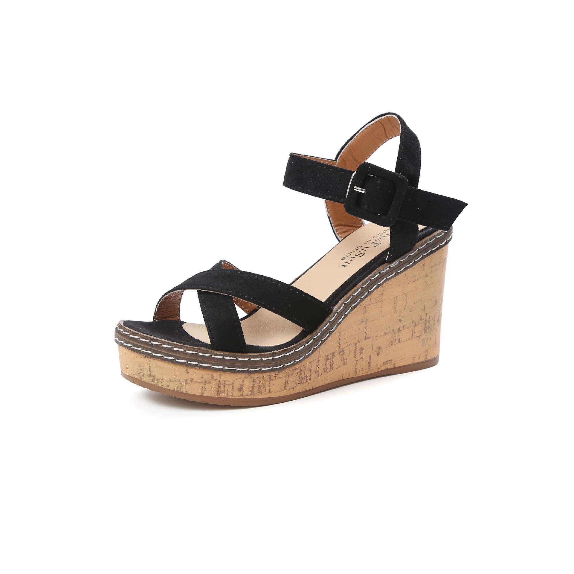 

Wedge heel sandals women s summer Korean version high heel women s sandals one-word buckle strap cross rear buckle strap women s shoes 40 чорний