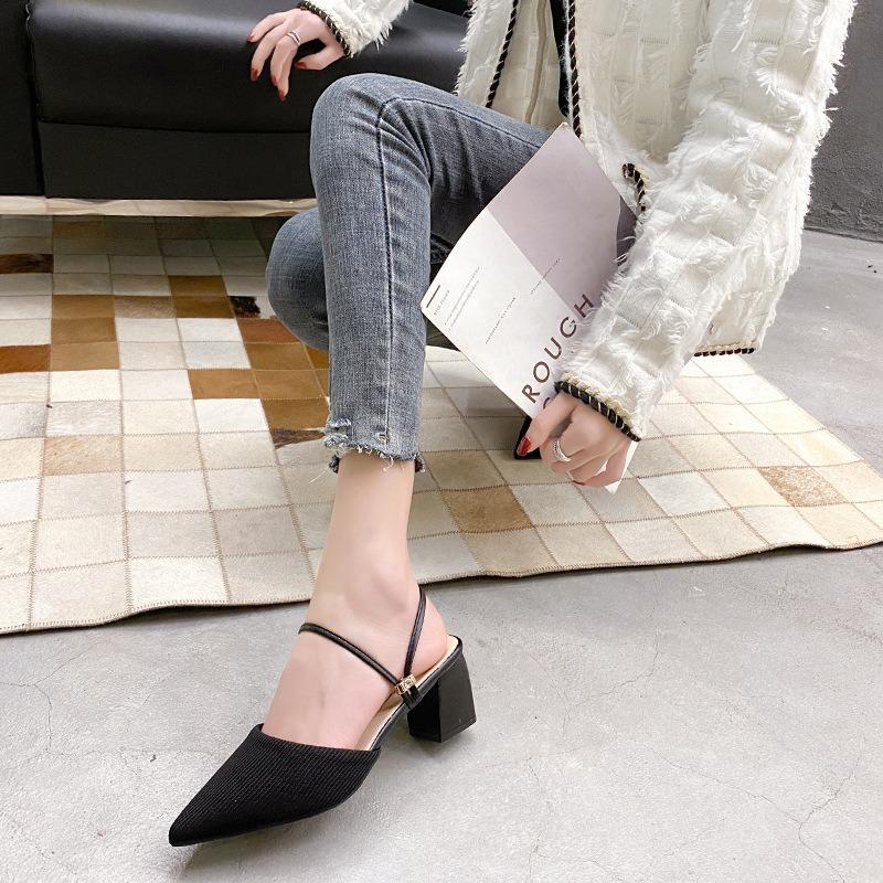 Pointed head bag head medium heel thick heel cool slippers half drag sandals women's summer 20 new cloth outer wear