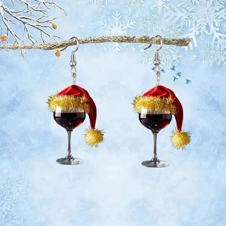 2Pairs Christmas Themed Earrings Lightweight and Comfortable Wine Glass and Hat Designs for Seasonal Celebrations