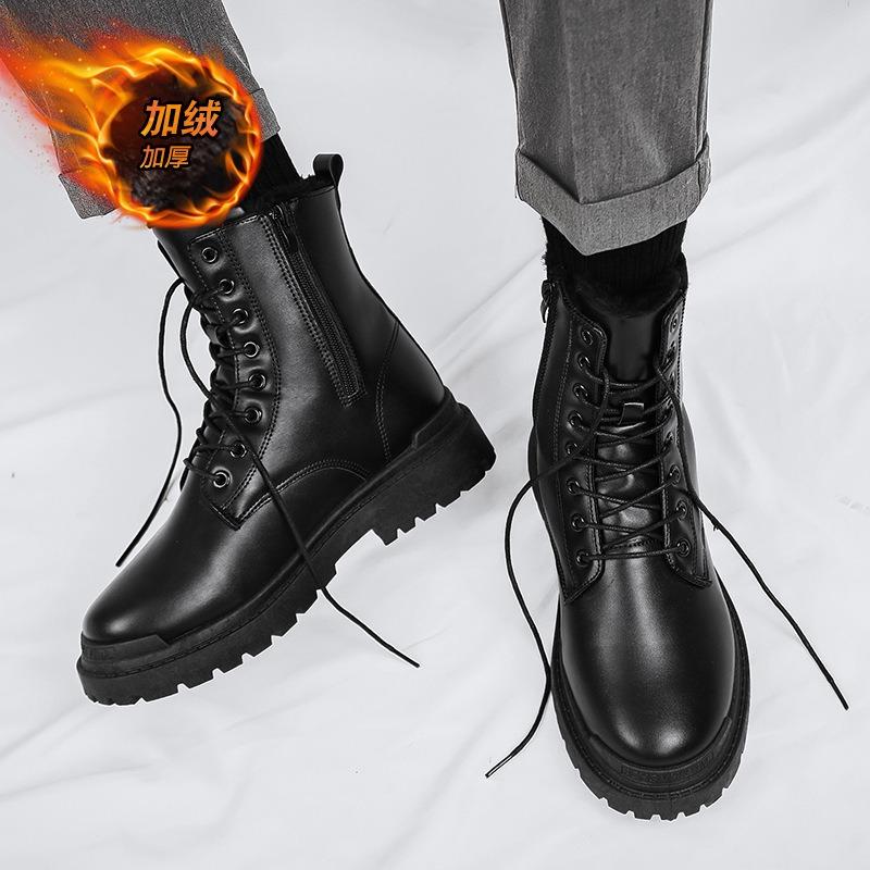 Autumn Martin Boots Black High-top Trendy Shoes Locomotive Tooling Leather Boots Winter Heightening Mid-top Leather Shoes Cotton Shoes