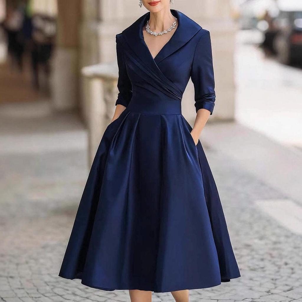 2025 Elegant European & American Women's Waist-Cinched Slimming Formal Long-Sleeved Dress