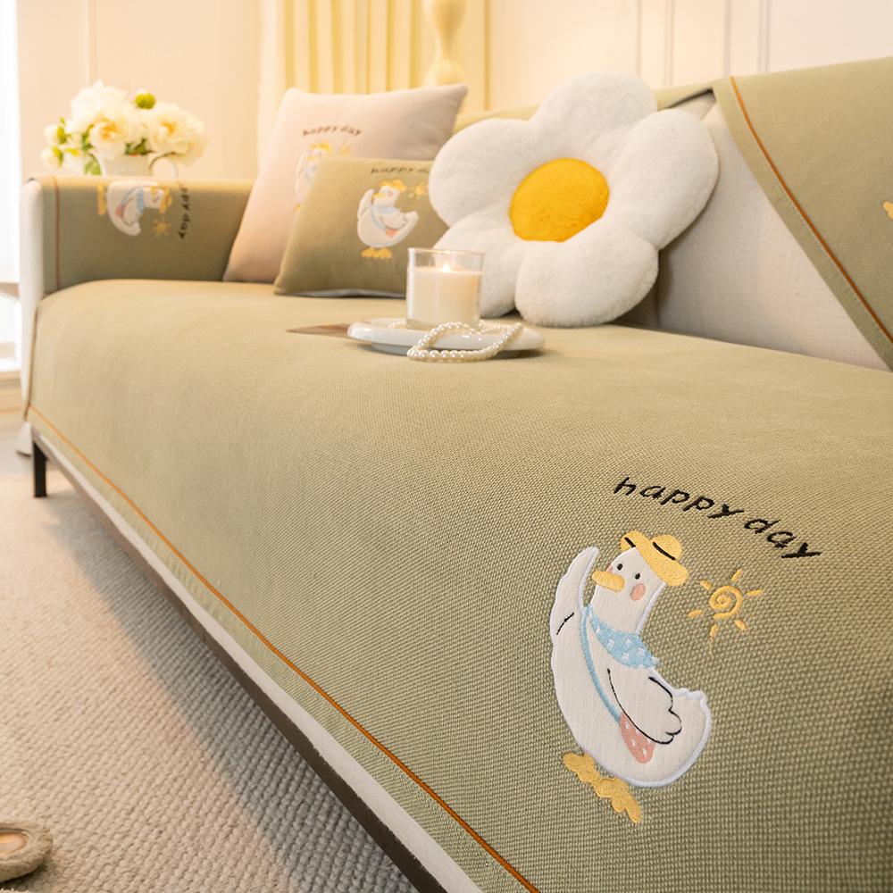 Embroidery Cartoon Duck Sofa Cushion Universal In All Seasons  New Chenille Fixed Non-Slip Sofa Seat Cushion Cover Cloth