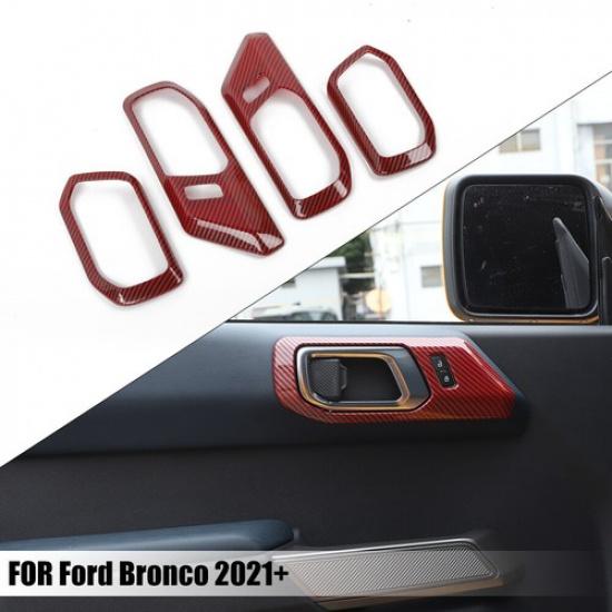 4x Inner Side Door Bowl Handle Trim Cover for Ford Bronco + Red Carbon Fiber