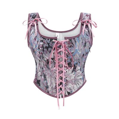Top Corsé de Tejido Jacquard con Cordones en la Parte Delantera, Diseño sin Mangas con Patrón de Espiga y Tirantes Ajustables en los Hombros para Mujer