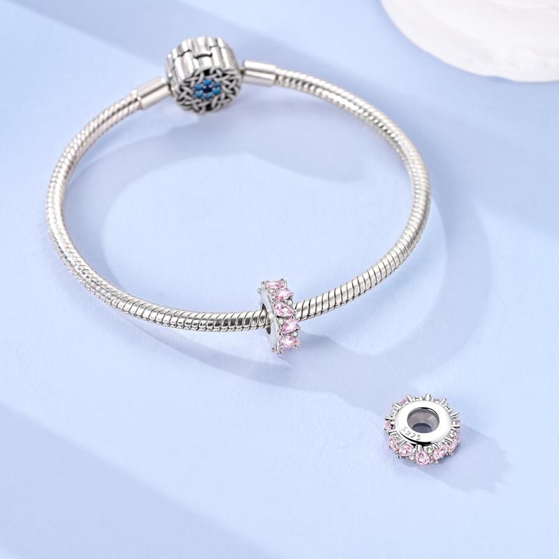 925 Sterling Silver Pink Zirconium Silicone Stopper Clasp Clip Charms Bead Fit Original Bracelet Jewelry