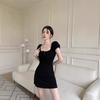 French square neck black short-sleeved dress women's summer waist a-word short skirt temperament slim hip skirt