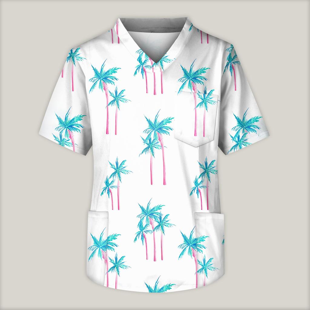 Blusa de trabajo con cuello en V y manga corta estampada para hombre, con bolsillo en el pecho