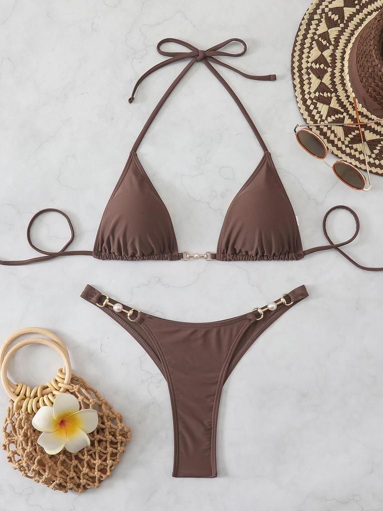 European & American Women's Solid Color Lace-Up Halter Triangle Bikini - Sexy Two-Piece Swimsuit