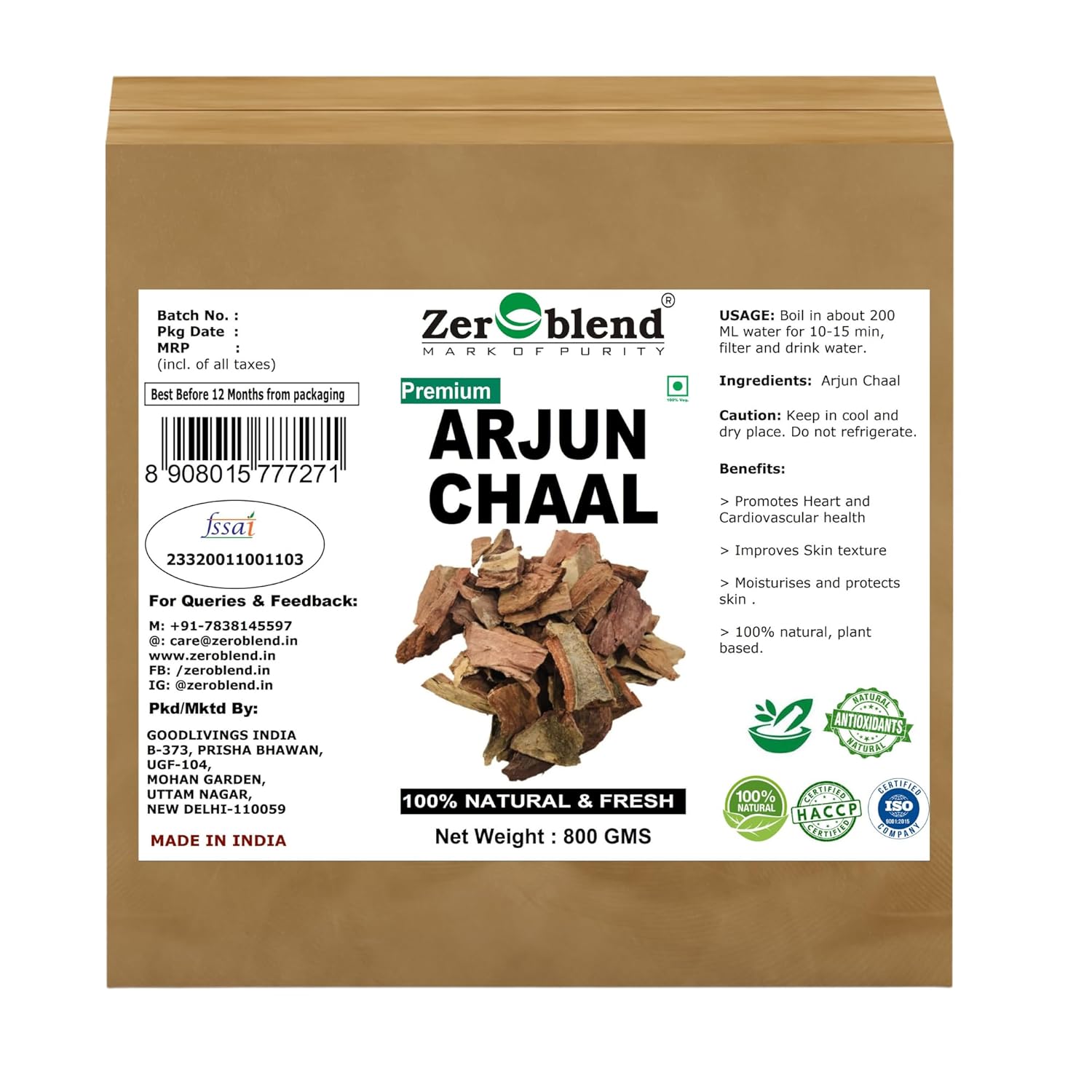 

Zeroblend Arjun Chaal - Terminalia Arjuna, Promote Cardiovascular Well - Being | 800gm 1.7lbs