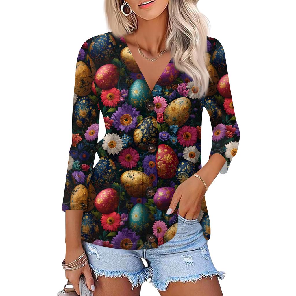 Women's Fashion Casual Print Button-down Shirt 3/4  Sleeve Tops