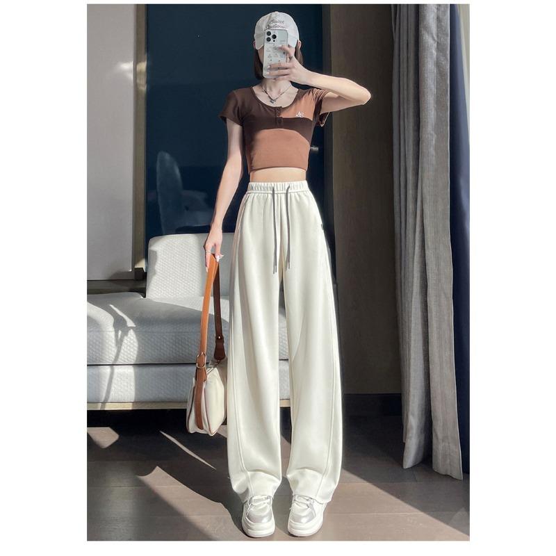 Spring Autumn Solid Elastic Waist Wide Leg Pants Women Loose Casual Drawstring All-match Sweatpants Trousers