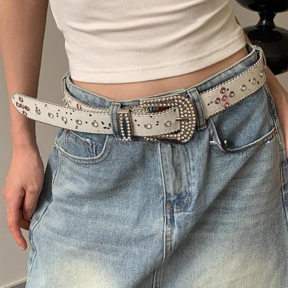 Shiny Retro Y2k Belt Gradient Pink Jeans Waistband Adjustable Rhinestone Waistband  Lady