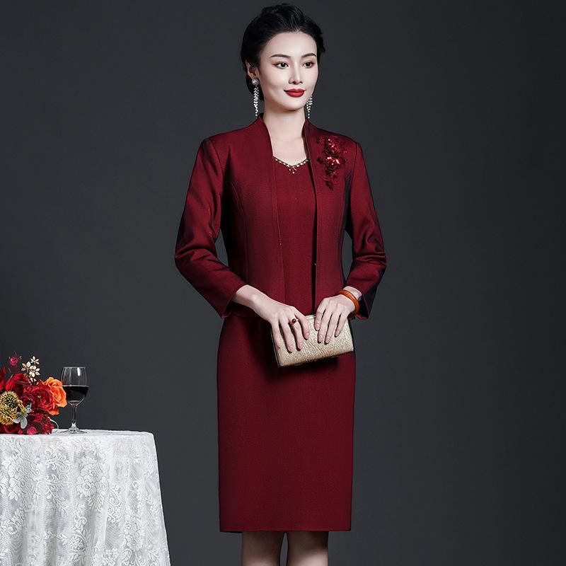 2025 Autumn Elegant Wine Red Plus Size Two-Piece Set: Long Sleeve Jacket & Mother's Wear