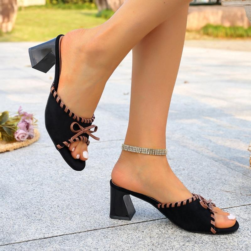 Plus Size Women Suede Bow Open Toe Chunky High Heel One Strap Slide Slippers