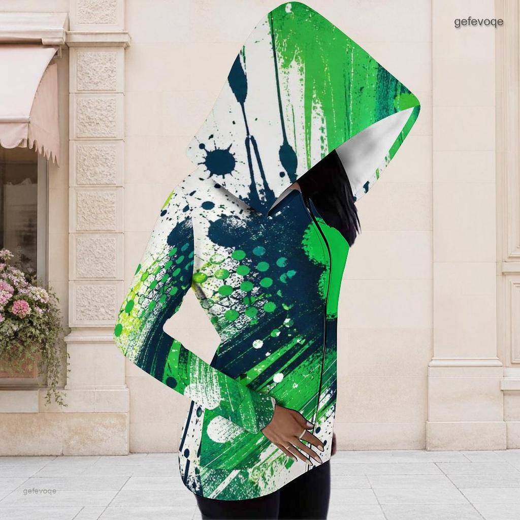 Women Plus Size Asymmetric Cutout Neck Cold Shoulder Long Sleeve Fitted Top Dark Green Golden Clover Printed