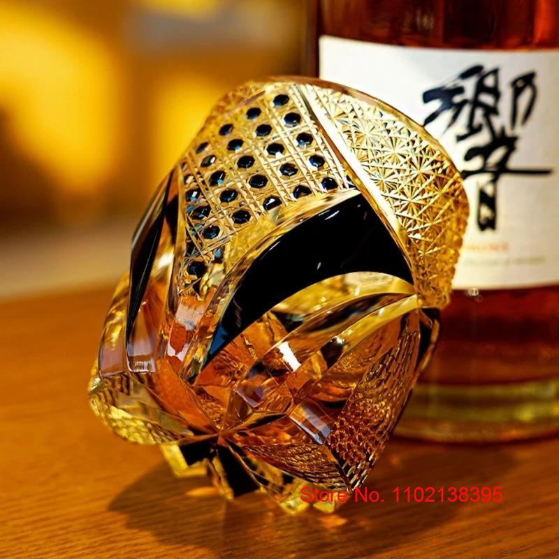 Japanese Black Warrior Crystal Glass Armor Edo Kiriko Whiskey Wine Glasses Hand Engraved Amber Whisky Cup Brandy Rock Snifter