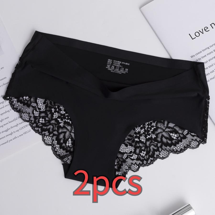 2 pcs Lace Waistband Seamless Wire-Free Lace Cotton Breathable Sexy Cute Plus Size Girls Triangle Panties