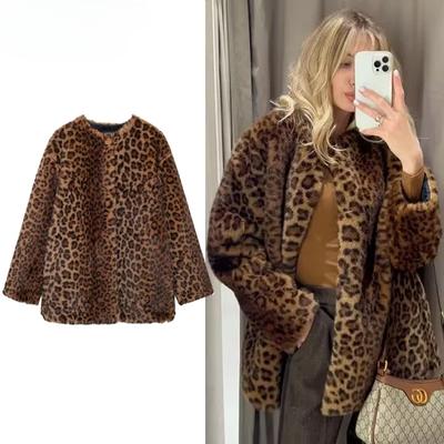 Manteaux pour femmes Manteau d'hiver en fausse fourrure léopard Veste chaude vintage en peluche d'automne Vêtements d'extérieur à manches longues Manteaux en fourrure pour femme