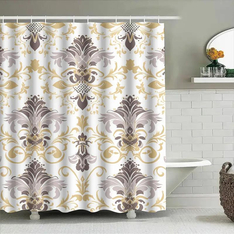 

Винтажная цветочная шторка для душа Золотисто-кремовый и коричневый принт для ванной комнаты Водостойкая ткань Размер 180x240 см W90xH180cm