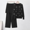 Womens Winter Knit Set: Round Neck Sweater With Rhinestone Embellishment Straight Leg Pants
