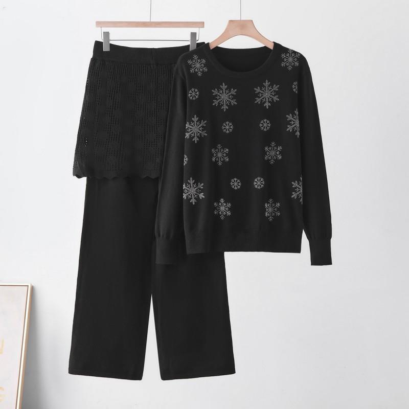 Womens Winter Knit Set: Round Neck Sweater With Rhinestone Embellishment Straight Leg Pants